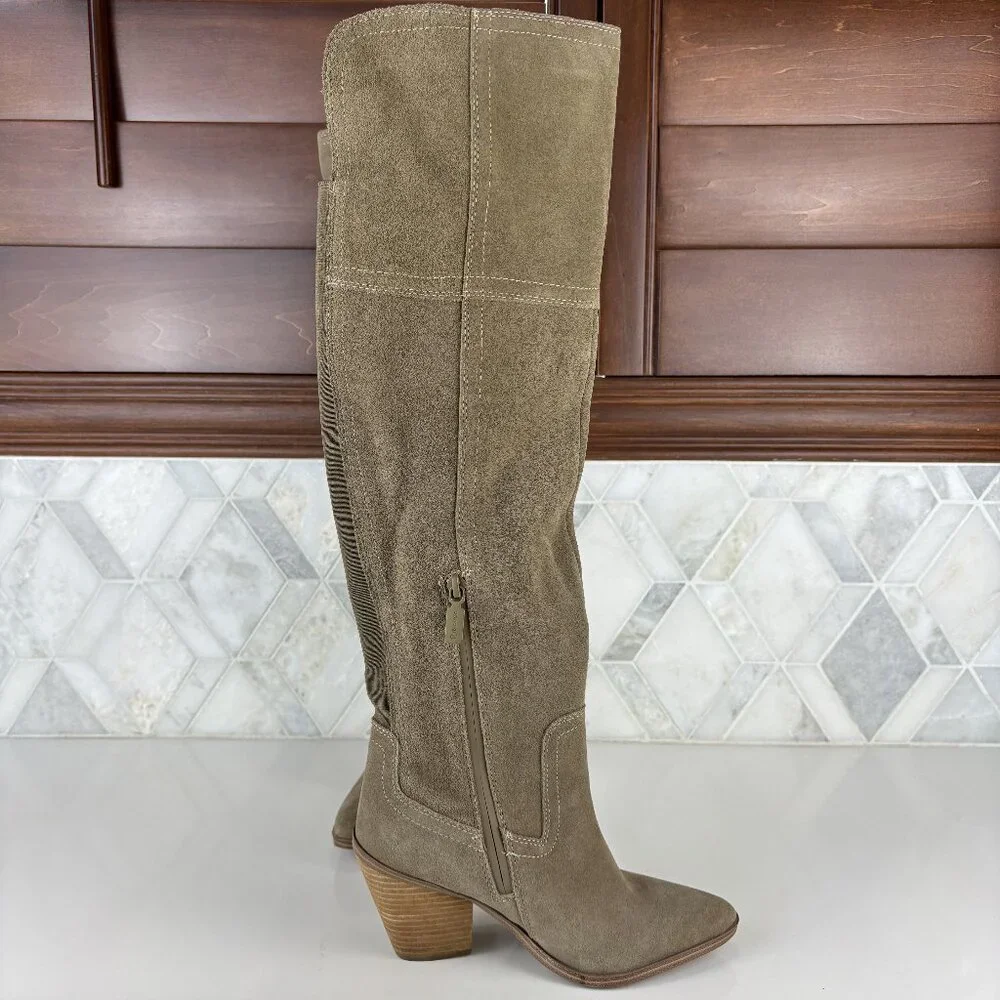 6M Taupe Knee High Boot Cuban Block Heel Pointed Toe Suede Waterproof Windie